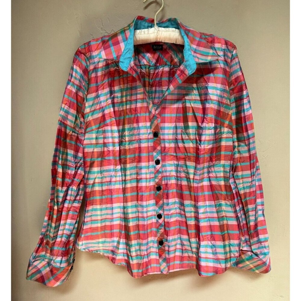 Beluva San Francisco Womens Button Up 3/4 Sleeve Plaid Pleated Shirt Medium